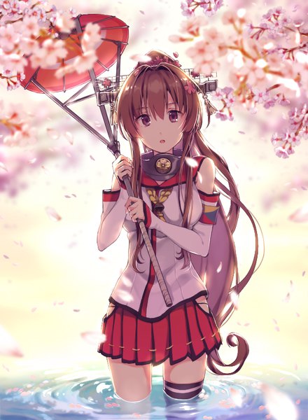 Anime picture 598x815 with kantai collection yamato super battleship aiko (aiko 54) single long hair tall image looking at viewer brown hair brown eyes ponytail head tilt :o partially submerged cherry blossoms girl detached sleeves petals water umbrella oriental umbrella