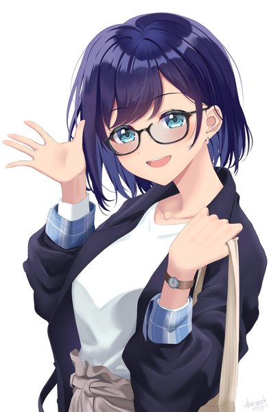 Anime picture 1457x2215 with virtual youtuber hololive a-chan (hololive) yoshiki 3821 single tall image looking at viewer short hair open mouth simple background white background blue hair upper body :d aqua eyes girl glasses clock wristwatch