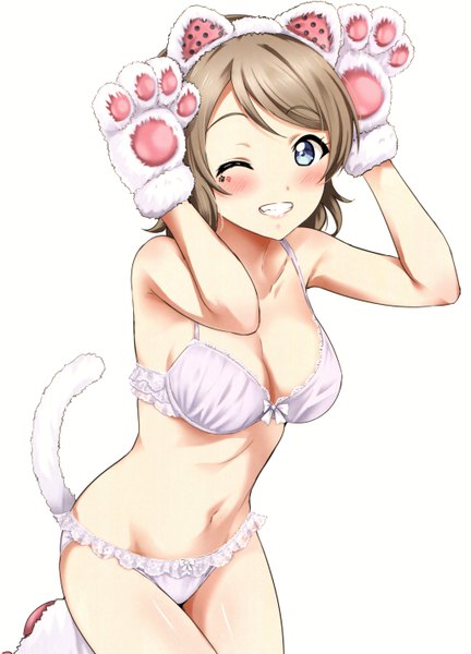 Anime picture 4098x5692 with love live! sunshine!! sunrise (studio) love live! watanabe you rozen5 single tall image looking at viewer blush fringe highres short hair blue eyes light erotic simple background smile brown hair white background bare shoulders animal ears