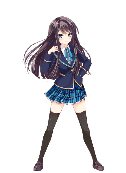 Anime picture 640x880 with girlfriend (kari) kamijou rui qp:flapper single long hair tall image looking at viewer blush fringe blue eyes black hair smile full body official art zettai ryouiki hand on hip transparent background girl thighhighs uniform