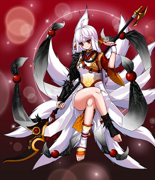 Anime picture 861x1000 with elsword ara haan asura (elsword) ini (pixiv5529761) single long hair tall image looking at viewer blush fringe smile red eyes white hair tail legs crossed legs multiple tails ara han (celestial fox) girl weapon