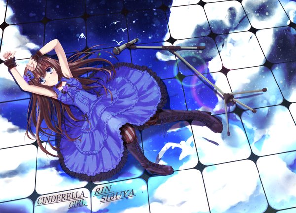Anime picture 1475x1060 with idolmaster idolmaster cinderella girls shibuya rin azican single long hair blue eyes brown hair cloud (clouds) armpit (armpits) girl dress bow hair bow boots microphone microphone stand