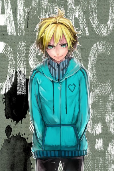 Anime picture 1000x1500 with vocaloid kagamine len tcb (pixiv) single tall image fringe short hair blonde hair smile aqua eyes alternate costume hands in pockets boy jacket