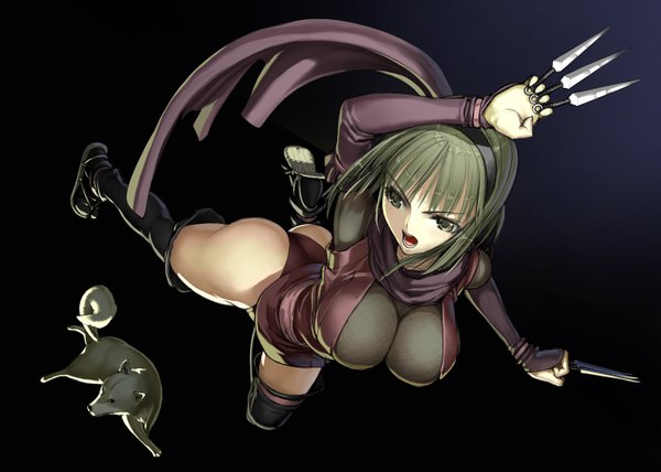 Anime picture 1470x1050 with lupin iii nakabayashi reimei long hair breasts open mouth light erotic large breasts green eyes green hair black background girl weapon dog kunai ninja