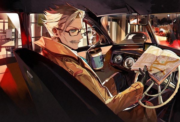 Anime picture 900x611 with fate (series) fate/grand order james moriarty (fate) itefu single short hair blue eyes sitting looking away grey hair turning head car interior boy gloves black gloves glasses cloak disposable cup mustache map