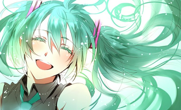 Anime picture 1024x623 with vocaloid hatsune miku tayuya1130 single long hair wide image twintails bare shoulders eyes closed green hair portrait happy face girl