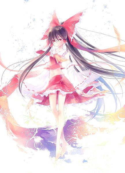 Anime picture 1000x1384 with touhou hakurei reimu kieta single long hair tall image red eyes brown hair bare shoulders barefoot miko girl skirt bow ribbon (ribbons) hair bow detached sleeves skirt set red skirt