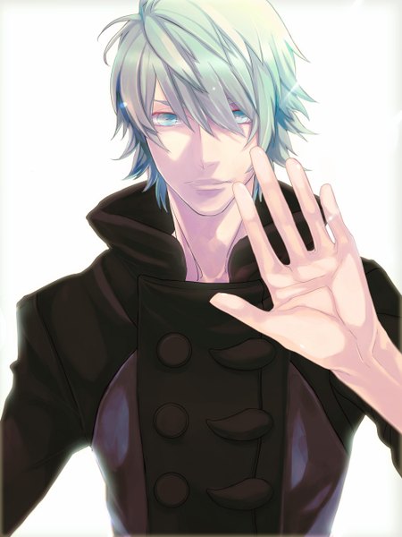 Anime picture 1000x1334 with togainu no chi nitro+chiral akira (tnc) arinasi single tall image looking at viewer short hair blue eyes simple background white background silver hair boy hands