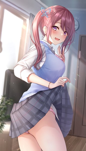 Anime picture 1490x2610 with original monaka curl single long hair tall image looking at viewer blush fringe breasts open mouth light erotic smile large breasts standing purple eyes holding payot red hair indoors long sleeves