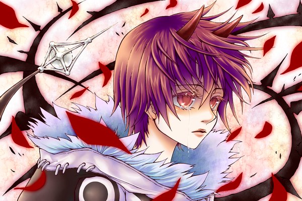 Anime picture 1200x800 with march story (manga) march (character) nari shitou single short hair purple hair pink eyes horn (horns) tears demon petals hood