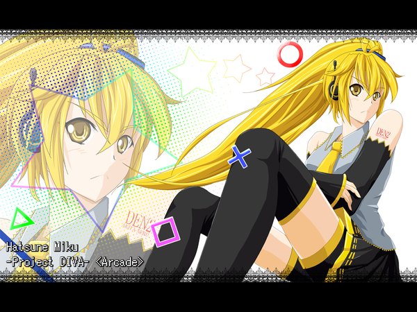 Anime picture 1024x768 with project diva vocaloid akita neru long hair blonde hair yellow eyes ponytail zoom layer girl thighhighs black thighhighs detached sleeves necktie headphones