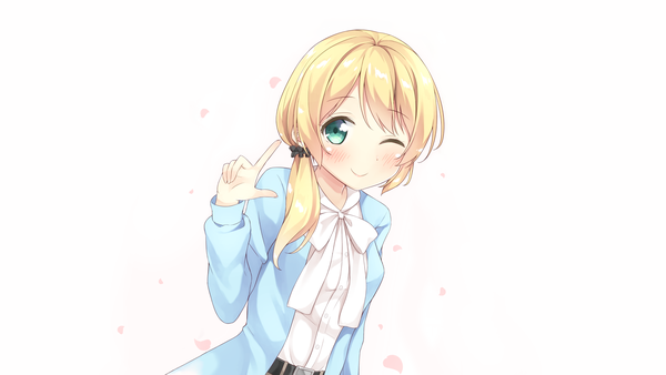 Anime picture 2320x1305 with new horizon ellen baker karutamo single long hair looking at viewer highres simple background blonde hair smile wide image white background one eye closed arm up aqua eyes open clothes open jacket wallpaper low ponytail third-party edit