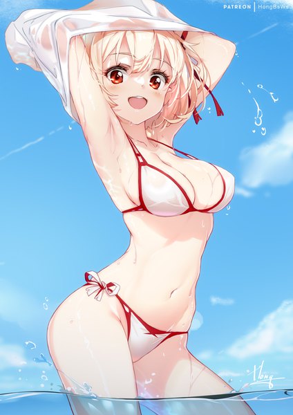 Anime picture 707x1000 with lycoris recoil nishikigi chisato hong (white spider) single tall image short hair breasts open mouth light erotic blonde hair red eyes large breasts sky cloud (clouds) outdoors :d wet partially submerged undressing girl