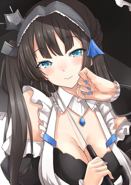 Anime picture 877x1239 with azur lane newcastle (azur lane) asya single long hair tall image looking at viewer blush fringe breasts blue eyes light erotic black hair simple background smile holding cleavage upper body blunt bangs nail polish