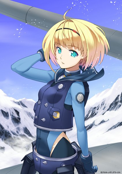 Anime picture 728x1032 with heavy object j.c. staff milinda brantini inue shinsuke single tall image fringe short hair breasts blonde hair standing sky ahoge outdoors blunt bangs looking back arm up aqua eyes official art midriff