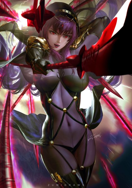 Anime-Bild 2481x3508 mit fate (series) fate/grand order scathach (fate) (all) scathach (fate) zumi (zumidraws) single long hair tall image fringe highres breasts open mouth light erotic hair between eyes red eyes large breasts standing holding signed looking away