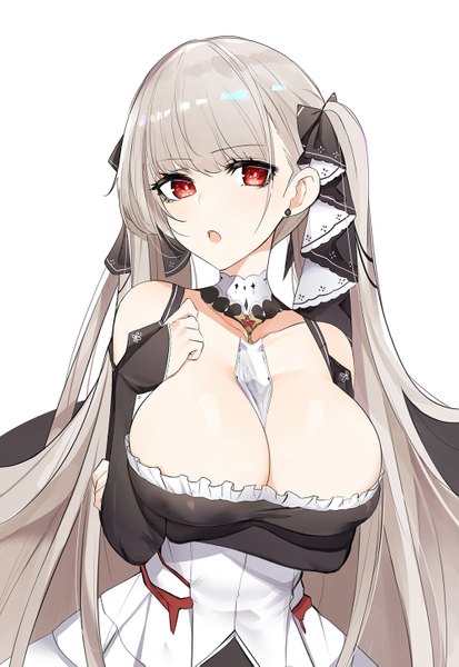 Anime picture 1000x1453 with azur lane formidable (azur lane) luse maonang single long hair tall image looking at viewer blush fringe breasts light erotic simple background hair between eyes red eyes large breasts white background twintails cleavage upper body grey hair