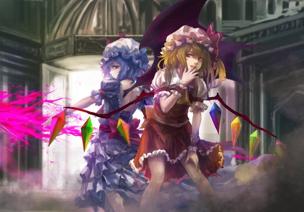 Anime picture 1811x1267 with touhou flandre scarlet remilia scarlet koukyou fringe highres short hair blonde hair red eyes purple hair looking back from behind legs finger to mouth happy smoke bat wings back to back girl dress