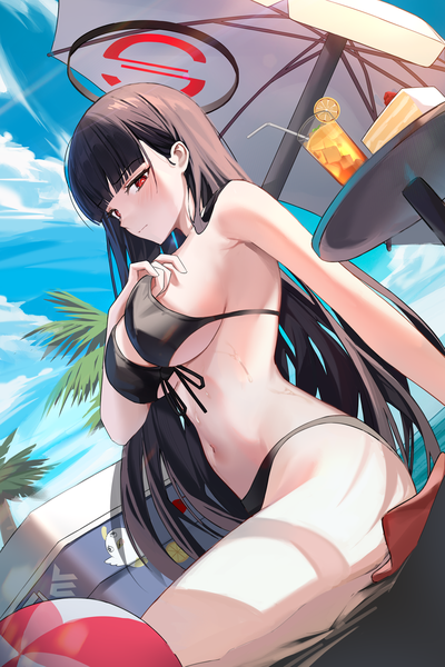 Anime picture 1332x2000 with blue archive rio (blue archive) peroro (blue archive) crying eye single long hair tall image looking at viewer fringe breasts light erotic black hair red eyes large breasts sitting sky cleavage cloud (clouds) outdoors blunt bangs