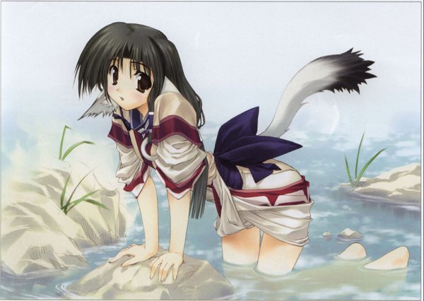 Anime picture 2118x1505 with utawareru mono eruruw amaduyu tatsuki single long hair looking at viewer fringe highres white background brown eyes animal ears outdoors tail animal tail barefoot green hair scan partially submerged on all fours girl