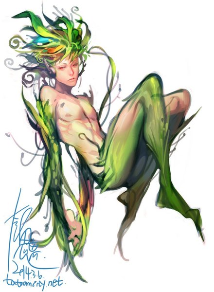 Anime picture 743x1014 with original yilee single tall image short hair simple background red eyes white background signed looking away nipples bent knee (knees) parted lips head tilt green hair inscription dated muscle mutation boy