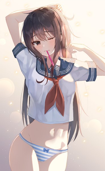 Anime picture 1000x1621 with original lkeris single long hair tall image looking at viewer blush fringe light erotic simple background hair between eyes brown hair standing holding brown eyes payot head tilt one eye closed bare belly short sleeves