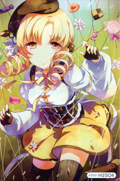 Anime picture 1660x2509 with mahou shoujo madoka magica shaft (studio) tomoe mami h2so4 single long hair tall image looking at viewer blush blonde hair smile twintails signed yellow eyes drill hair girl thighhighs gloves black thighhighs petals