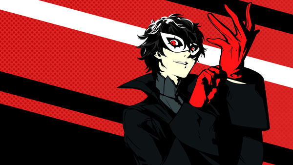 Anime picture 3840x2160 with persona 5 persona amamiya ren dekodere single looking at viewer highres short hair black hair smile red eyes wide image absurdres long sleeves parted lips wallpaper vector derivative work boy gloves