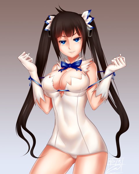 Anime-Bild 2000x2500 mit dungeon ni deai wo motomeru no wa machigatteiru darou ka j.c. staff hestia (danmachi) tony guisado single long hair tall image looking at viewer highres breasts blue eyes light erotic black hair large breasts twintails pantyshot rei no himo girl dress gloves