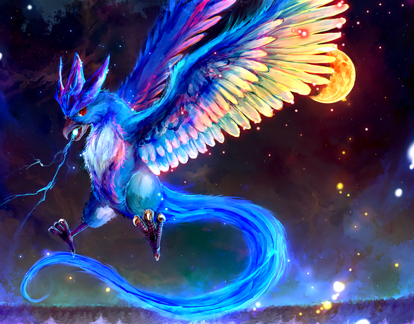 Anime picture 1150x899 with pokemon nintendo articuno suiryuu (starry dorm) red eyes tail night lightning gen 1 pokemon red moon animal wings bird (birds) claws