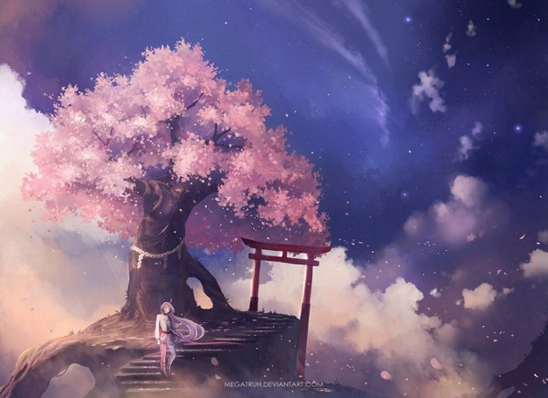 Anime picture 1100x800 with original megatruh single long hair standing sky wind grey hair cherry blossoms outstretched arm mountain boy ribbon (ribbons) plant (plants) petals tree (trees) belt stairs torii