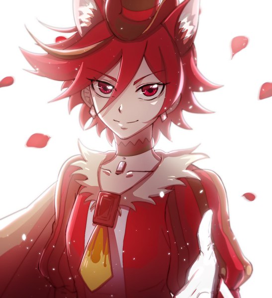 Anime picture 1242x1362 with precure kirakira precure a la mode toei animation kenjou akira cure chocolat denpa haikyo single tall image looking at viewer fringe short hair simple background smile hair between eyes red eyes white background animal ears upper body red hair outstretched hand