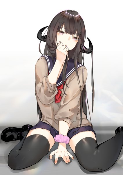 Anime picture 827x1169 with original nello (luminous darkness) single long hair tall image looking at viewer fringe black hair simple background sitting purple eyes full body blunt bangs long sleeves nail polish parted lips head tilt pleated skirt horn (horns) fingernails