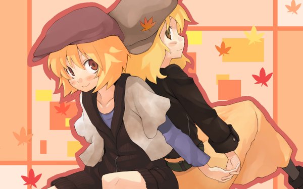 Anime picture 2560x1600 with touhou aki minoriko aki shizuha morino hon looking at viewer blush fringe highres short hair blonde hair smile hair between eyes wide image multiple girls brown eyes holding hands back to back outline girl 2 girls