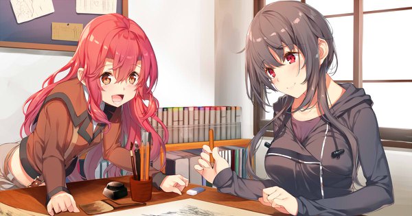 Anime picture 1200x630 with original kurimu (yatsu) konomi (yatsu) yappen long hair blush open mouth black hair smile red eyes wide image multiple girls brown eyes looking away red hair :d girl 2 girls paintbrush pencil