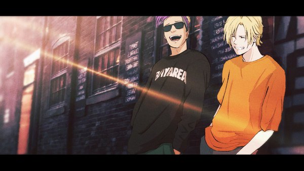 Anime picture 1334x750 with banana fish mappa ash lynx shorter wong arashi (boom sate225) fringe short hair open mouth blonde hair smile hair between eyes wide image standing purple hair upper body outdoors eyes closed sunlight multiple boys letterboxed