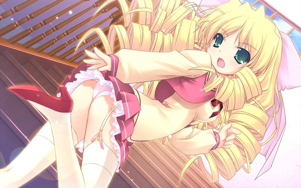 Anime picture 1024x640 with prism magical (game) open mouth light erotic blonde hair wide image green eyes game cg pantyshot drill hair girl thighhighs white thighhighs