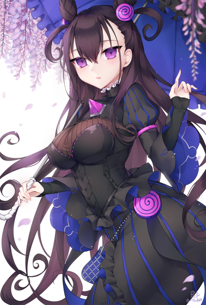 Anime picture 800x1184 with fate (series) fate/grand order murasaki shikibu (fate) pong (vndn124) single tall image blush fringe breasts open mouth simple background hair between eyes brown hair large breasts standing white background purple eyes holding signed very long hair