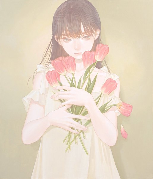 Anime picture 1758x2048 with original konno mayumi single long hair tall image fringe highres simple background brown hair looking away fingernails realistic short sleeves grey eyes expressionless girl dress flower (flowers) tulip