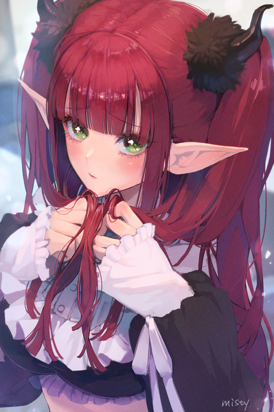 Anime picture 2013x3024 with sono bisque doll wa koi wo suru cloverworks kitagawa marin rizu-kyun misty cj single long hair tall image looking at viewer blush fringe highres green eyes signed upper body red hair blunt bangs long sleeves horn (horns) from above