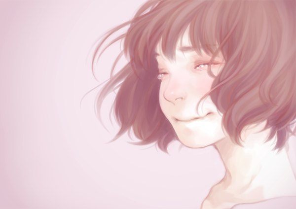 Anime picture 1500x1060 with original oki-ko single fringe short hair simple background smile brown hair eyes closed wind tears pink background crying girl