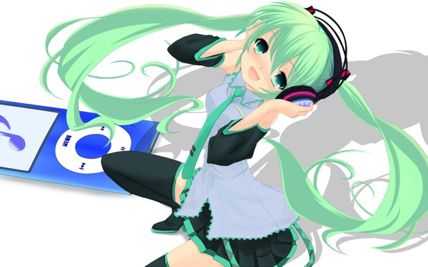 Anime picture 1800x1125 with vocaloid ipod hatsune miku terun (artist) single highres open mouth wide image twintails green eyes very long hair green hair girl skirt detached sleeves miniskirt necktie headphones thigh boots