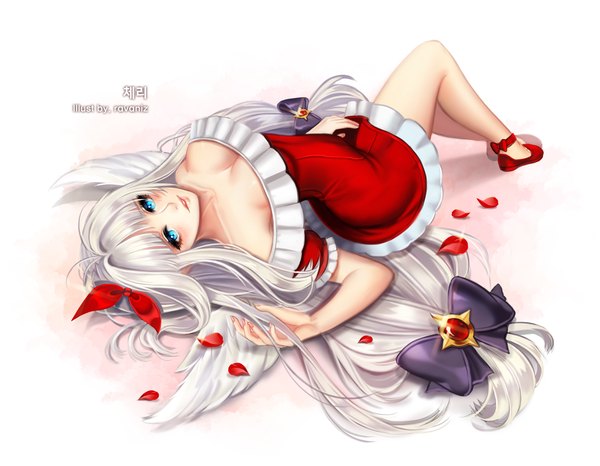 Anime picture 1500x1167 with original ravaniz single long hair looking at viewer blue eyes white background white hair girl dress bow hair bow petals wings