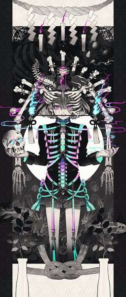 Anime picture 510x1200 with original akiakane single tall image looking at viewer fringe short hair hair between eyes standing purple eyes holding mouth hold monochrome skeleton pillarboxed spot color girl skull vase shimenawa