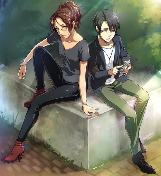 Anime picture 2000x2183 with shingeki no kyojin production i.g levi (rivaille) hange zoe null (chronix) tall image highres short hair black hair brown hair sitting brown eyes ponytail arm support high heels alternate costume contemporary girl boy glasses