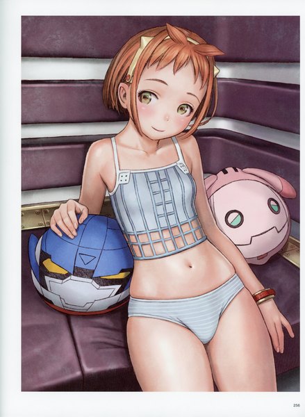 Anime picture 5092x6966 with futurelog (artbook) range murata single tall image highres short hair light erotic smile brown hair bare shoulders yellow eyes payot looking away absurdres scan skindentation border flat chest reclining girl