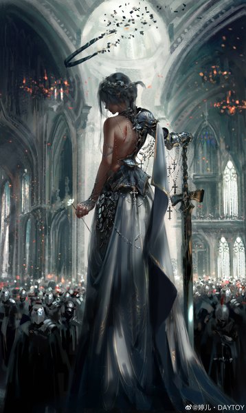 Anime picture 4903x8218 with ghost blade yan (ghost blade) wlop tall image highres short hair black hair standing holding signed absurdres indoors eyes closed injury asymmetrical clothes knight cuts girl flower (flowers) weapon