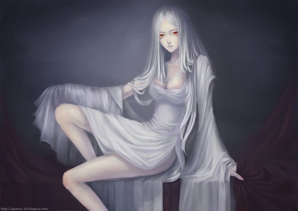 Anime picture 1000x707 with original sun dou single long hair red eyes sitting white hair nail polish legs girl dress