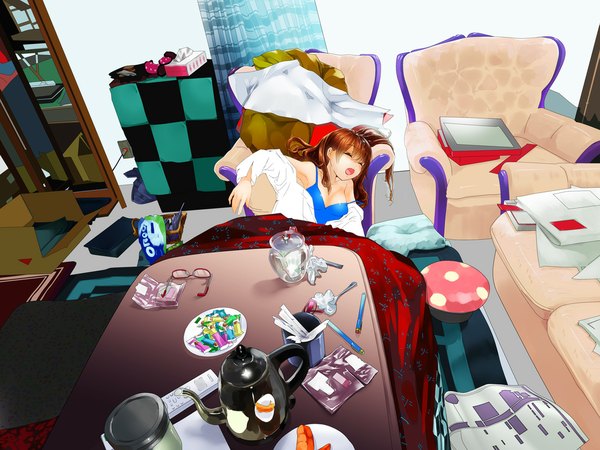 Anime picture 1100x825 with original 8yada8 single long hair blush open mouth light erotic brown hair cleavage lying eyes closed open clothes open shirt sleeping girl glasses food window curtains couch