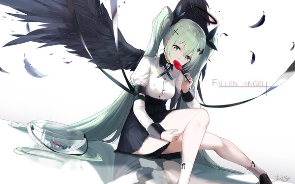 Anime picture 2039x1275 with vocaloid hatsune miku asahi kuroi single looking at viewer fringe highres light erotic hair between eyes sitting twintails green eyes signed very long hair green hair reflection eating black wings girl skirt